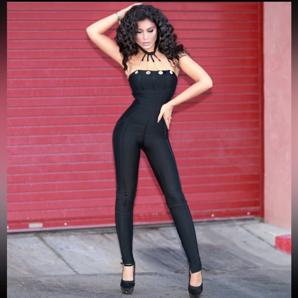 Black Bandage Halter Gold Chain Jumpsuit